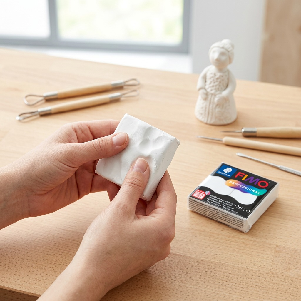 A realistic photo of white STAEDTLER Fimo Professional clay being handled and shaped by an artist.