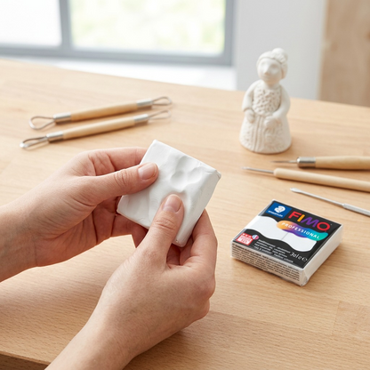 A realistic photo of white STAEDTLER Fimo Professional clay being handled and shaped by an artist.