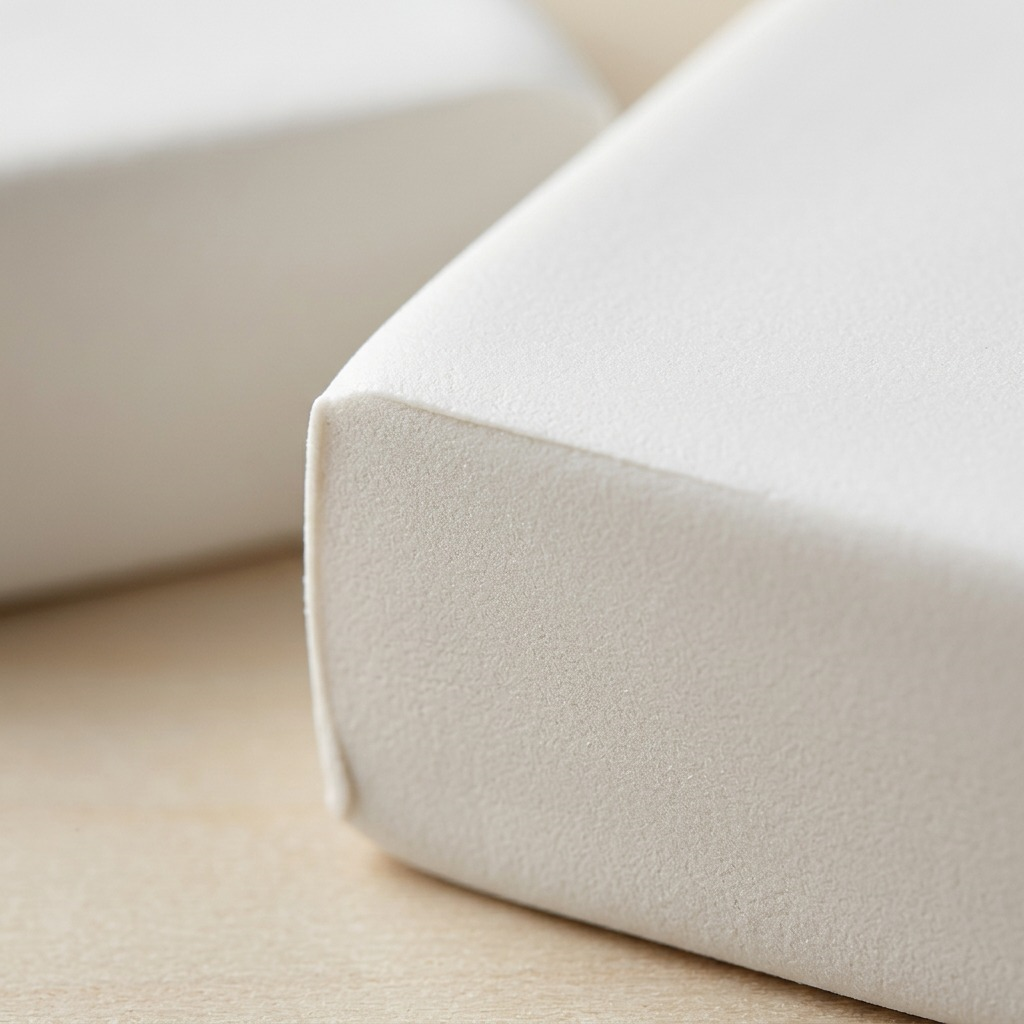 A macro photograph focuses sharply on the fine-grained, smooth, matte white texture and precise seam line of the Fimo Professional clay block.