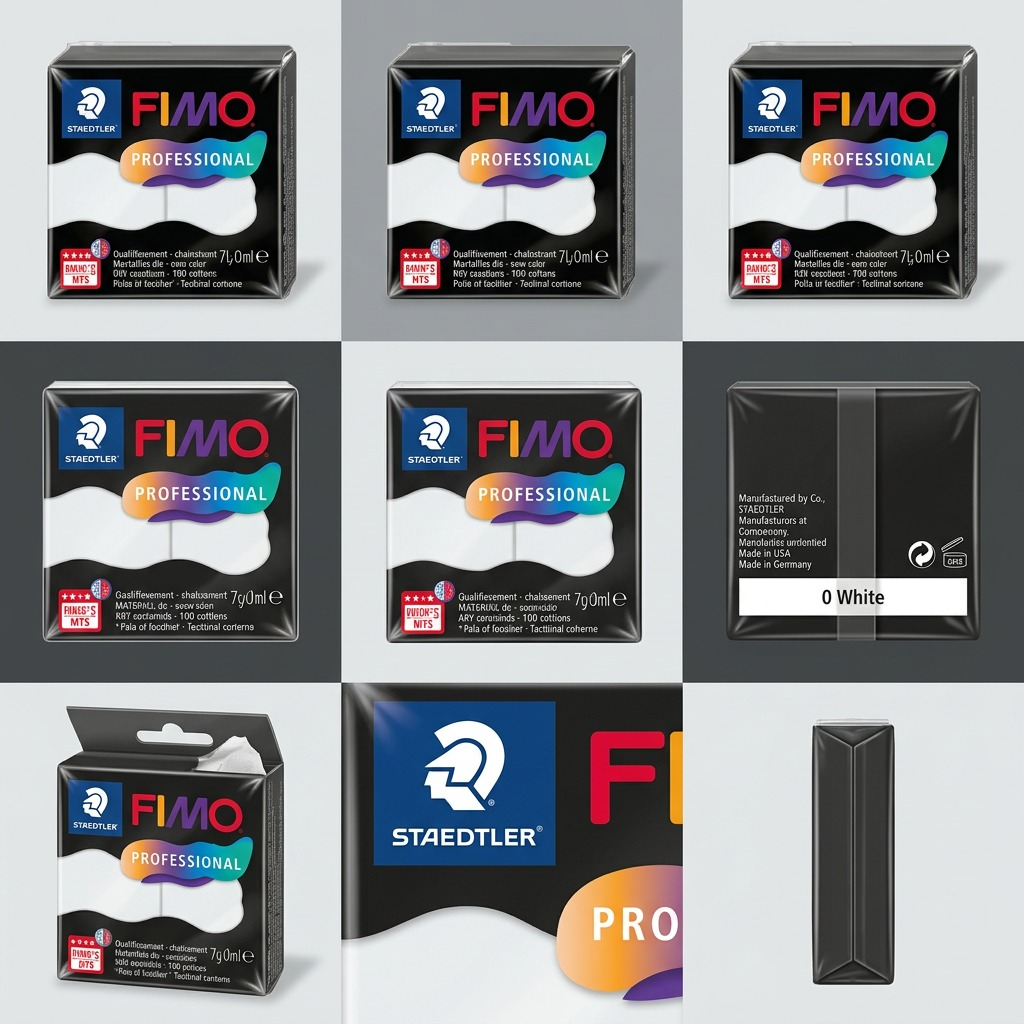 A premium 3x3 grid display showcasing nine identical blocks of white FIMO Professional modelling clay.