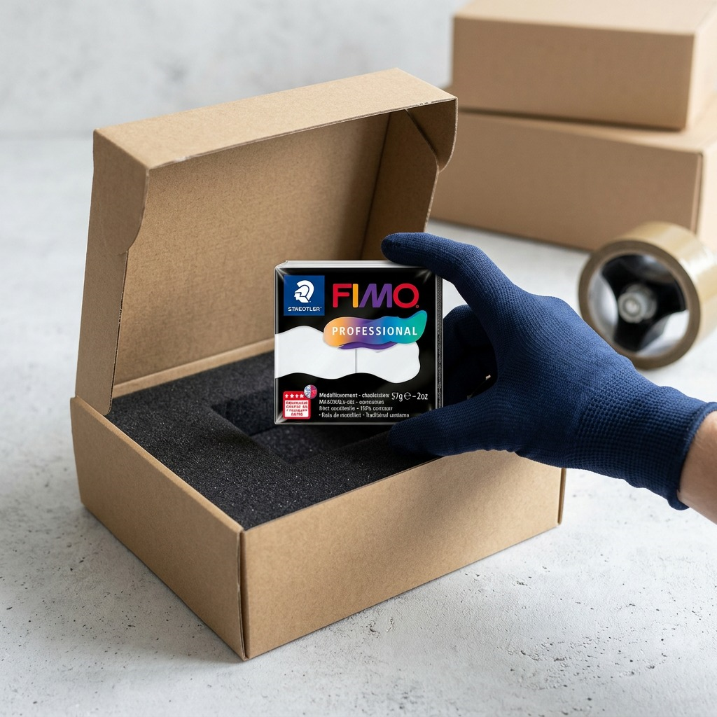 Alt Text: Premium shipping box opens to reveal the FIMO Professional 57g White, secure in molded foam.