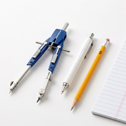 STAEDTLER Mars 552 Compass shown on scale with an eraser and pencil, clear surface background.