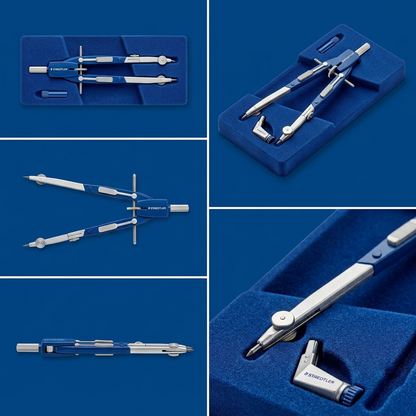 An image matrix displaying the STAEDTLER Mars 552 Comfort compass (image_0.png) in five varied orientations and angles with high clarity: top-down (closed), 45-degree angle (partially open) from the side, top-down (partially open), a side-profile view (closed), and an angled view focused on the lead-holding end. Both lead inserts are visible in relevant angles. No text or logos.