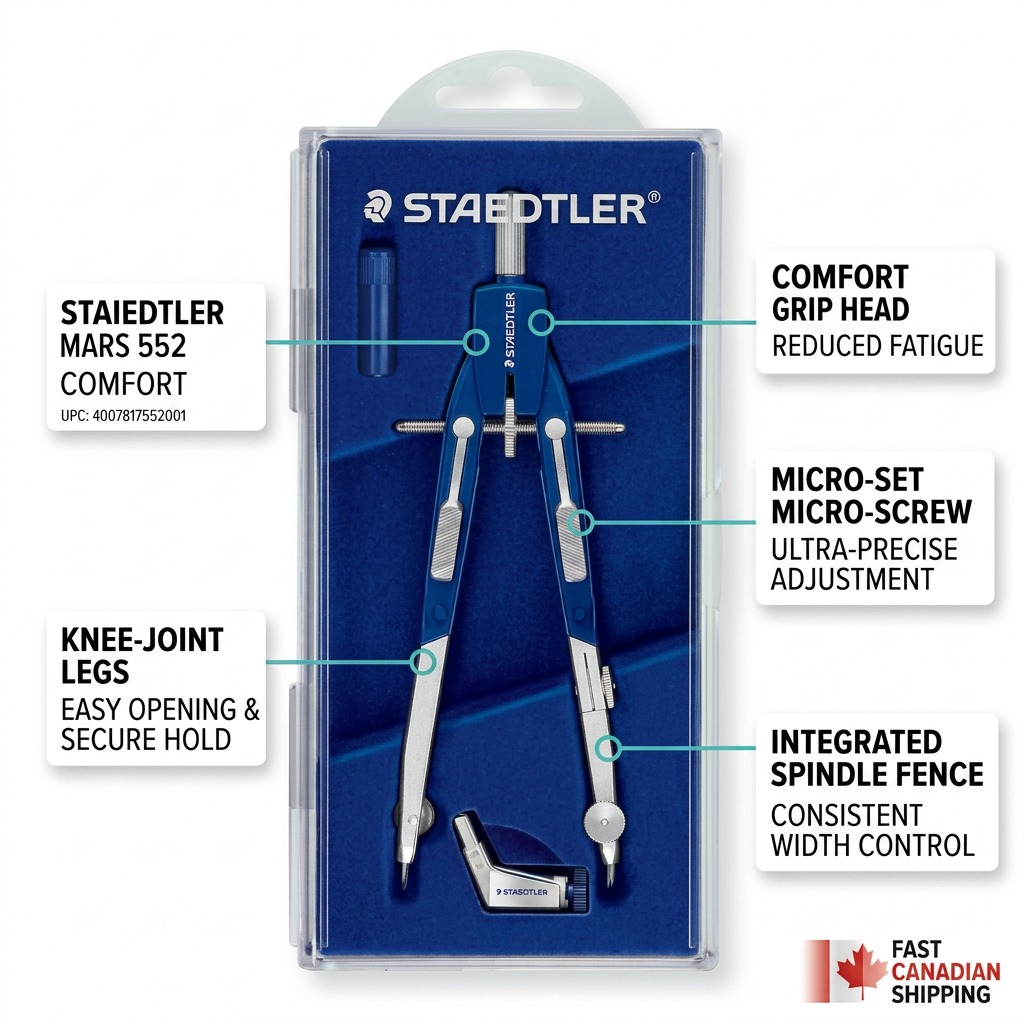 STAEDTLER Mars 552 Comfort compass with callouts showing grip, adjust screw, knee joints, and width control.