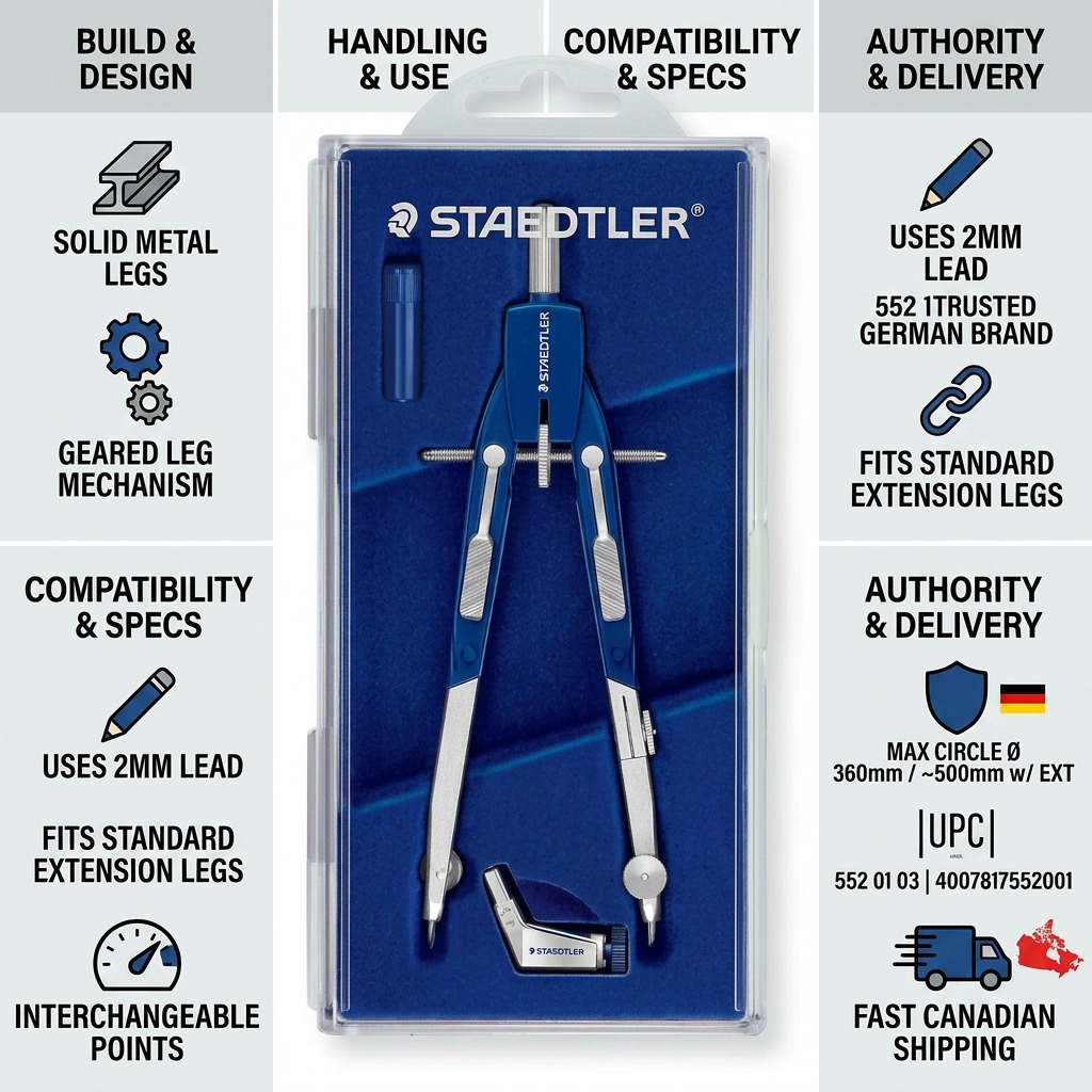 Trust infographic with STAEDTLER Mars 522 compass, factual cues, icons, and "FAST CANADIAN SHIPPING."