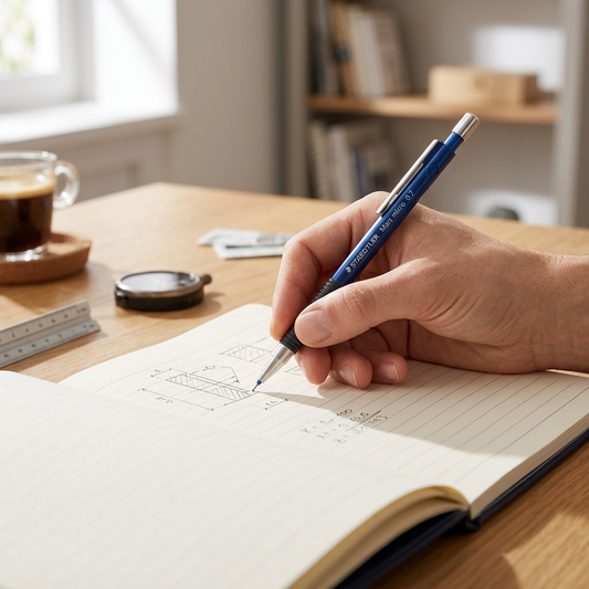 A close-up photograph of the Staedtler Mars micro 0.7mm blue mechanical pencil being used on paper in a notebook.
