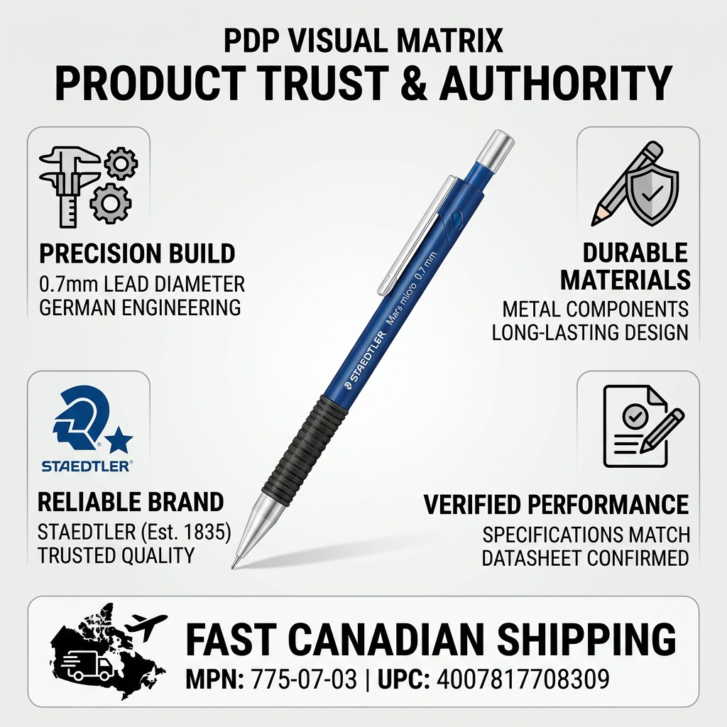 An infographic visual matrix with a specific mechanical pencil central, surrounded by fact-based performance and trust icons. The design features precise short text descriptions of precision-build, robust materials, and official branding veracity against specifications. A detailed section for fast Canadian shipping and verified product codes is at the base. All text legible and free of subjective terms. Size adjusted for clarity. Total elements 8 including the pencil.