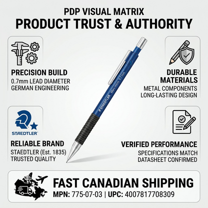 An infographic visual matrix with a specific mechanical pencil central, surrounded by fact-based performance and trust icons. The design features precise short text descriptions of precision-build, robust materials, and official branding veracity against specifications. A detailed section for fast Canadian shipping and verified product codes is at the base. All text legible and free of subjective terms. Size adjusted for clarity. Total elements 8 including the pencil.