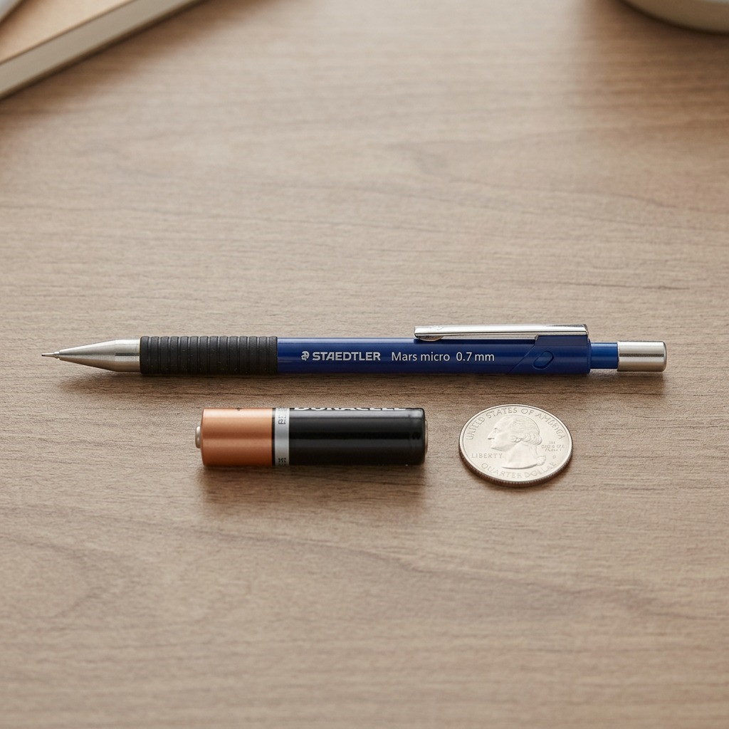 A photo of a STAEDTLER Mars micro mechanical pencil next to a standard AA-size battery on a wooden surface, showing its scale.