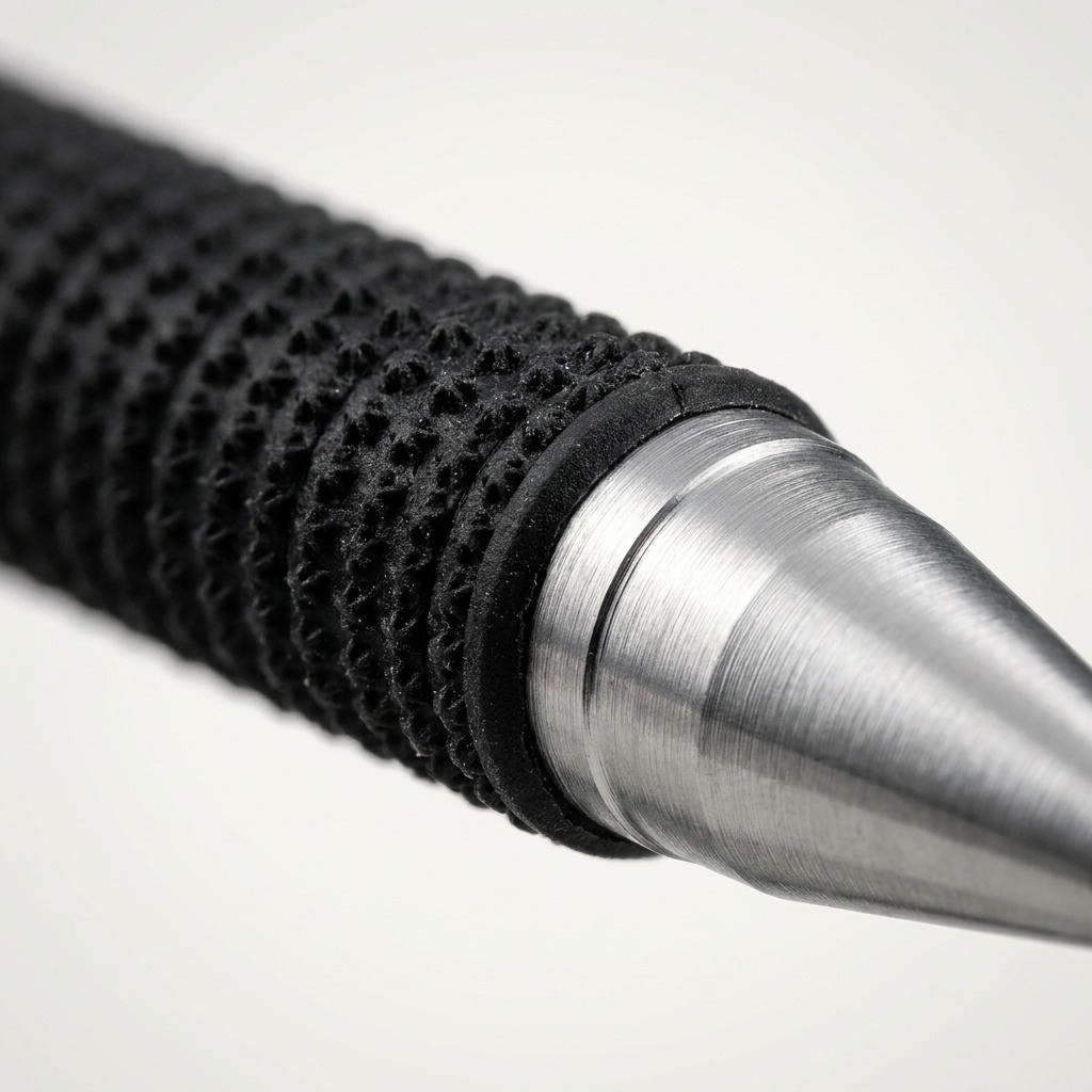 Macro photo shows STAEDTLER mechanical pencil's textured black grip and precise chrome tip.