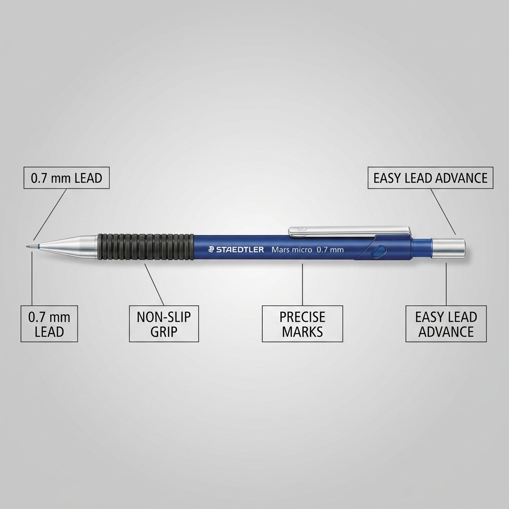 An infographic showing the STAEDTLER Mars micro 0.7mm mechanical pencil with four callouts explaining its key features: precise drawing tip, non-slip rubber grip, clean 'Mars micro 0.7 mm' body marking, and convenient push-button metal cap.