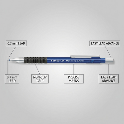 An infographic showing the STAEDTLER Mars micro 0.7mm mechanical pencil with four callouts explaining its key features: precise drawing tip, non-slip rubber grip, clean 'Mars micro 0.7 mm' body marking, and convenient push-button metal cap.