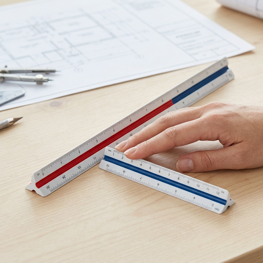 STAEDTLER architectural scale ruler next to a person's hand on a blueprint.