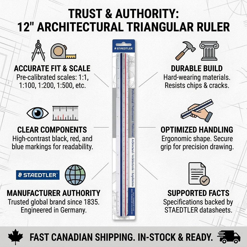 Infographic matrix showing a STAEDTLER triangular ruler with authority badges and fact boxes for quality and fast shipping.