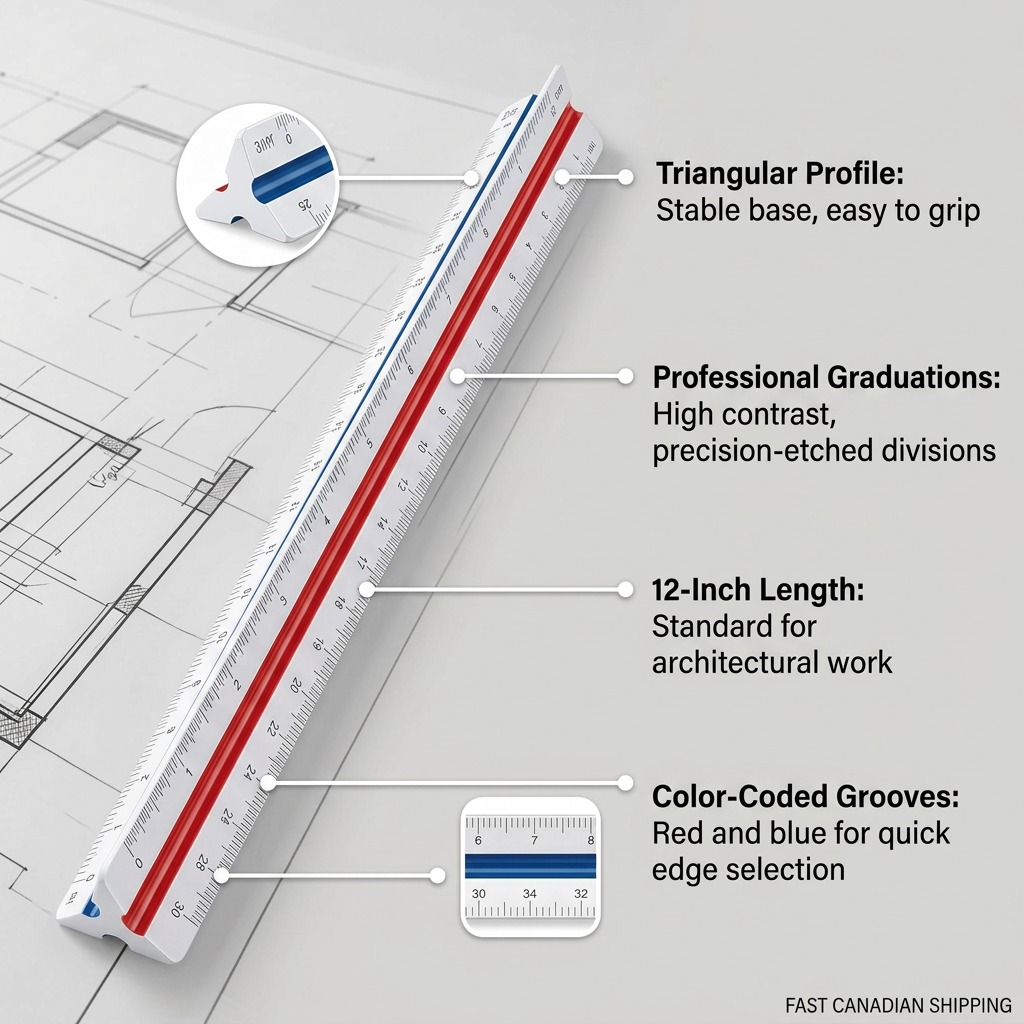 E-commerce graphic highlighting features of the STAEDTLER 98718-31BK 12-inch triangular professional ruler.