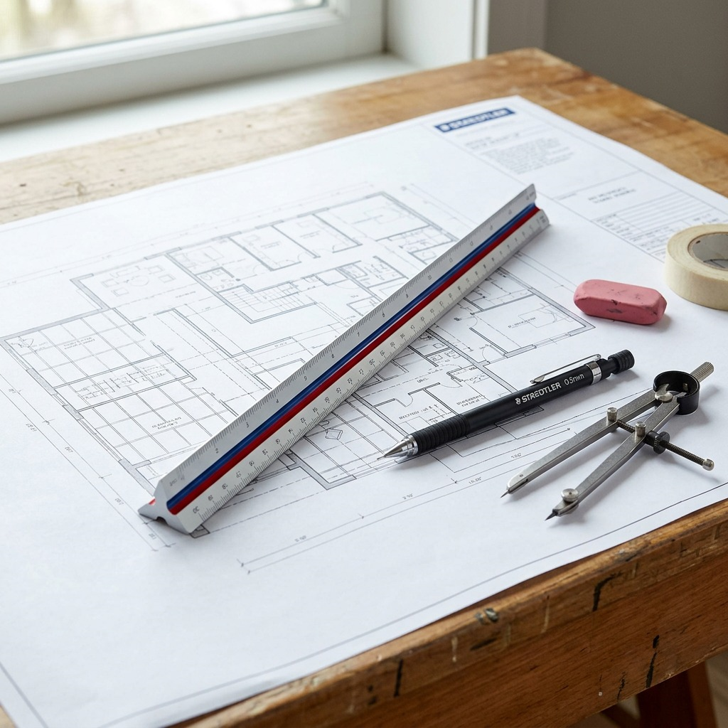 A 12" STAEDTLER triangular architectural ruler with colored stripes rests on a wooden desk next to a building blueprint, pencil, and divider.
