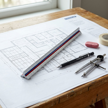A 12" STAEDTLER triangular architectural ruler with colored stripes rests on a wooden desk next to a building blueprint, pencil, and divider.
