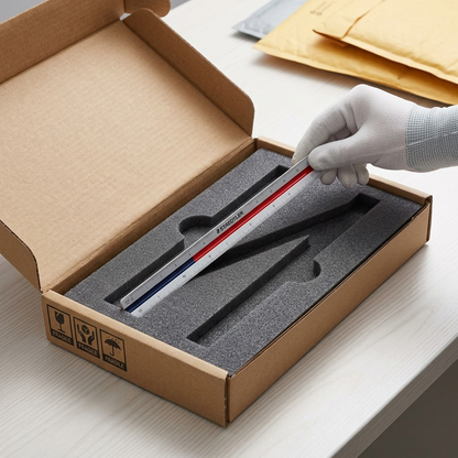 Unboxing a STAEDTLER 98718-31BK ruler: premium foam insert in a protective cardboard box ensures pristine condition.