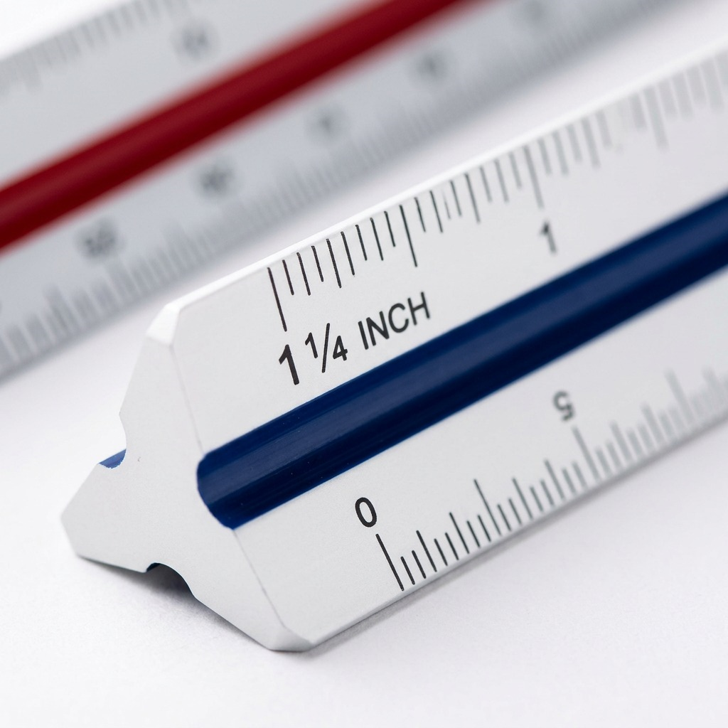 A detailed macro photograph showing the sharp markings and precise edges of the aluminum STAEDTLER triangular architect's scale ruler.