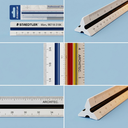 A five-panel grid image on a light blue background displaying the STAEDTLER triangular ruler and its architectural scales.