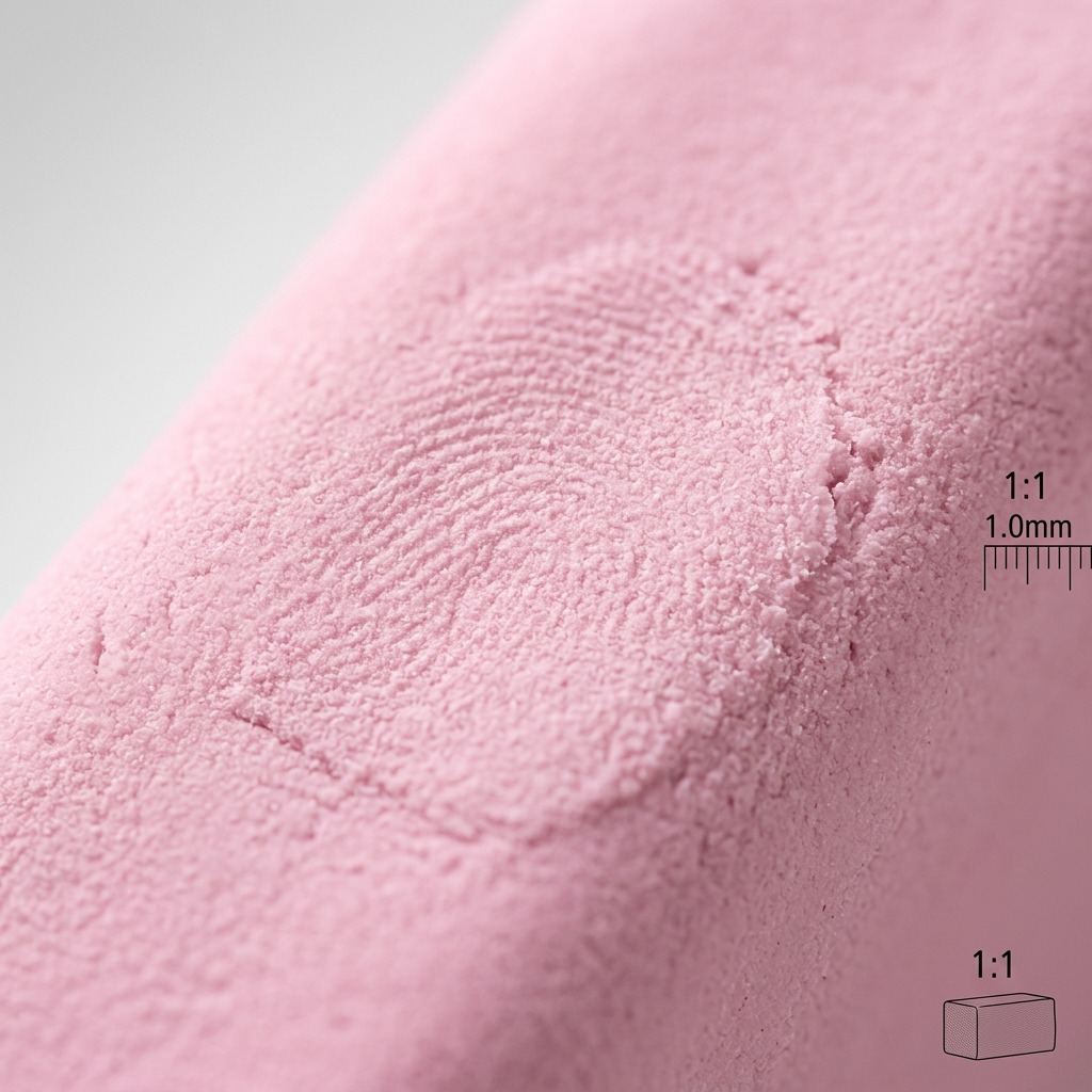 Macro photograph focusing closely on the soft, grainy light pink polymer clay texture of the Fimo Soft brick.