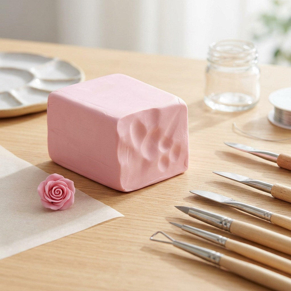 Fimo Soft pink clay being sculpted on a wooden surface with a metal tool, creating finished flowers.