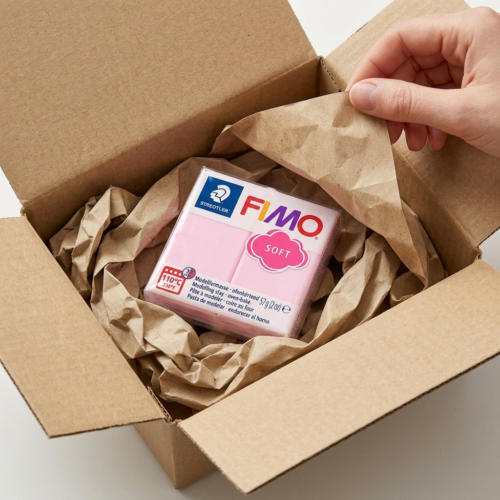 An unboxing scene shows a protected block of light pink Fimo Soft, nestled in eco-friendly protective padding.