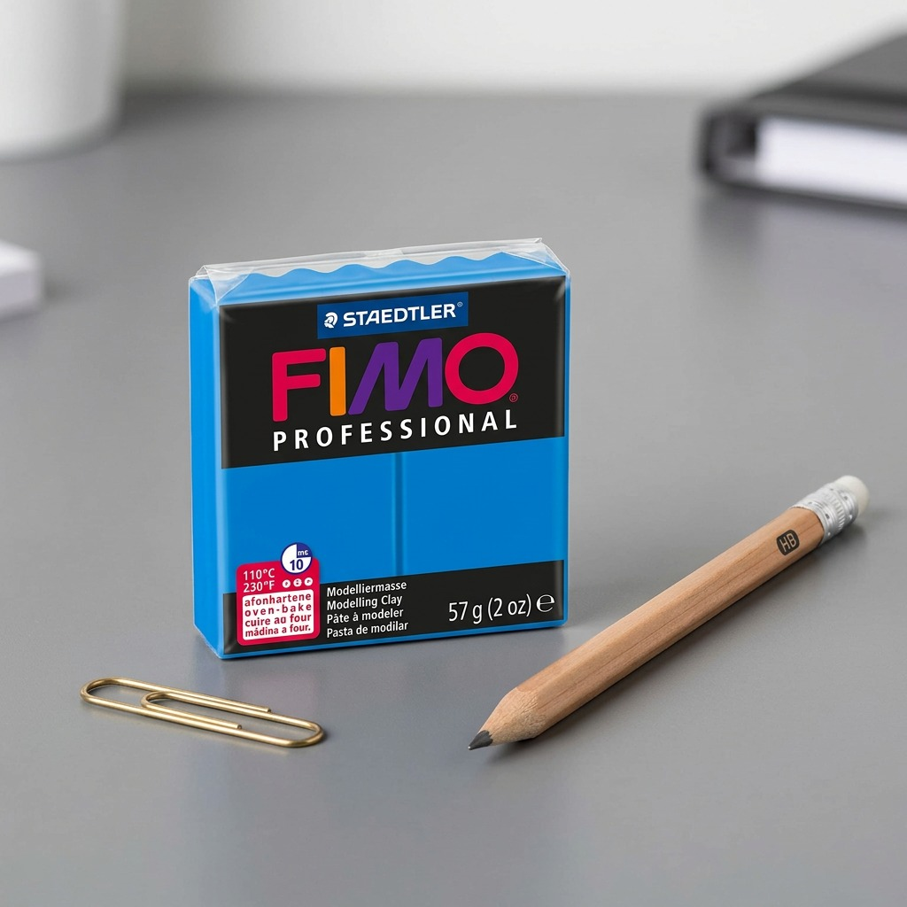 Fimo True Blue clay block beside standard pencil and paper clip to show its size and weight.