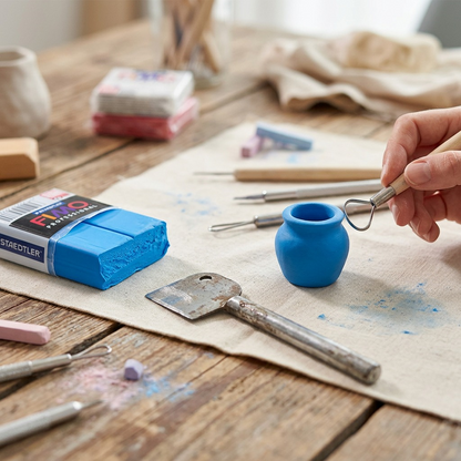 A lifestyle photo showing STAEDTLER Fimo Professional True Blue soft clay being shaped with tools on an artist's workbench.
