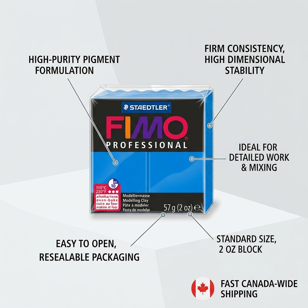 A professional feature callout graphic for Fimo Professional True Blue clay, highlighting five key technical attributes.