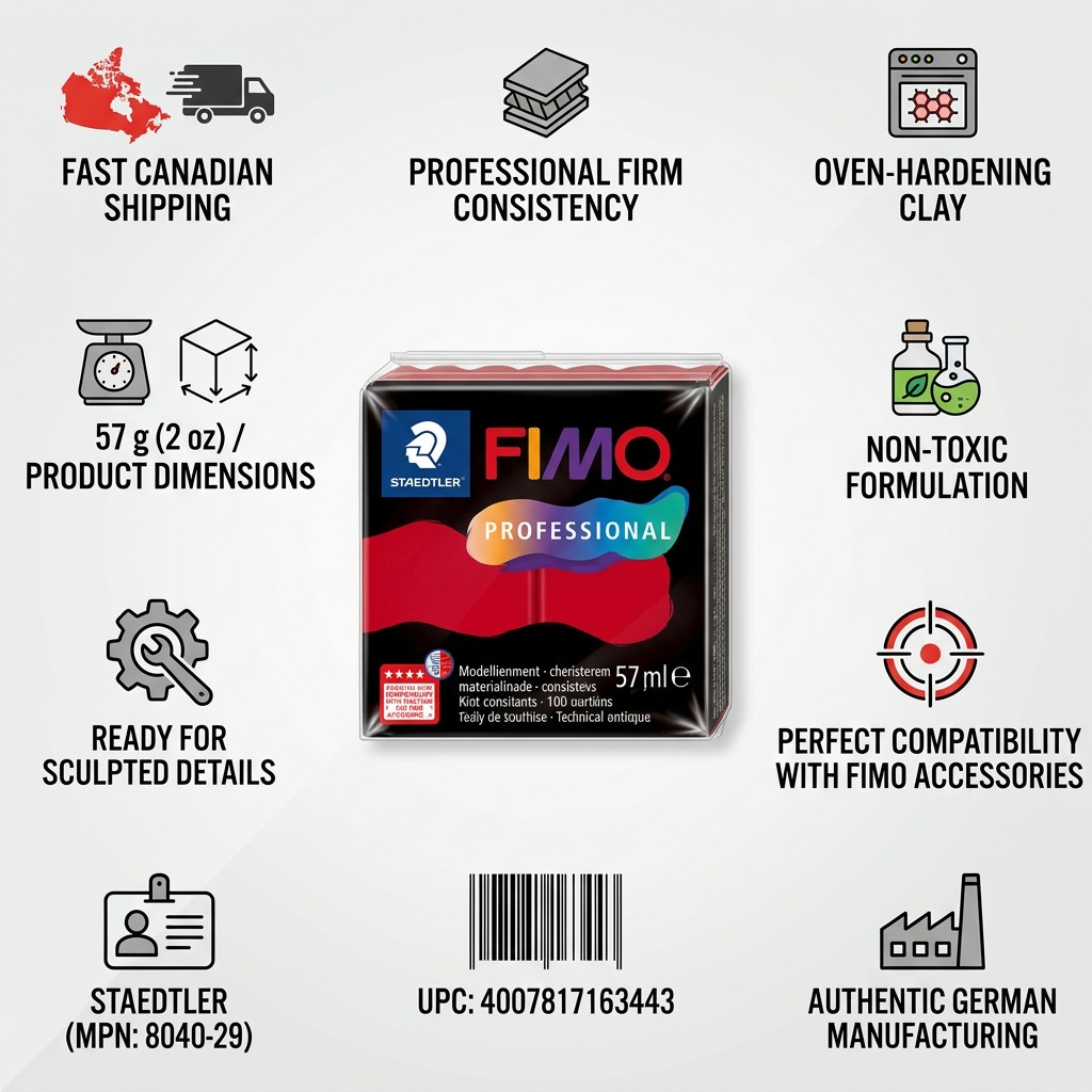 Infographic for STAEDTLER Fimo Professional clay featuring key product specs and shipping info.