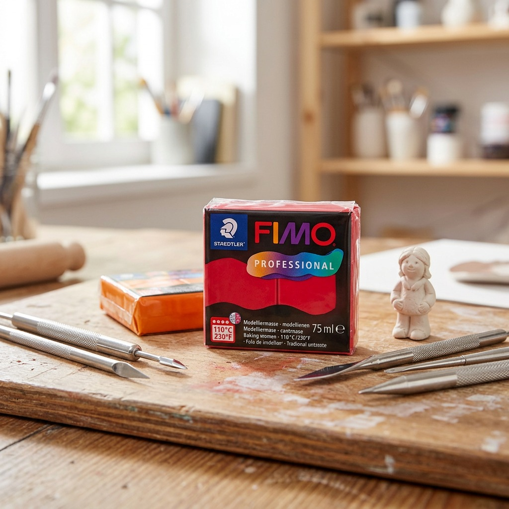 Two blocks of Fimo Professional clay, carmine red and orange, tools for miniature and detailed work.