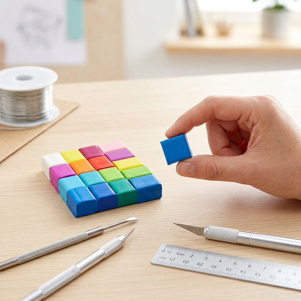 Fimo Soft clay set in hand against desk and other craft supplies for size reference.