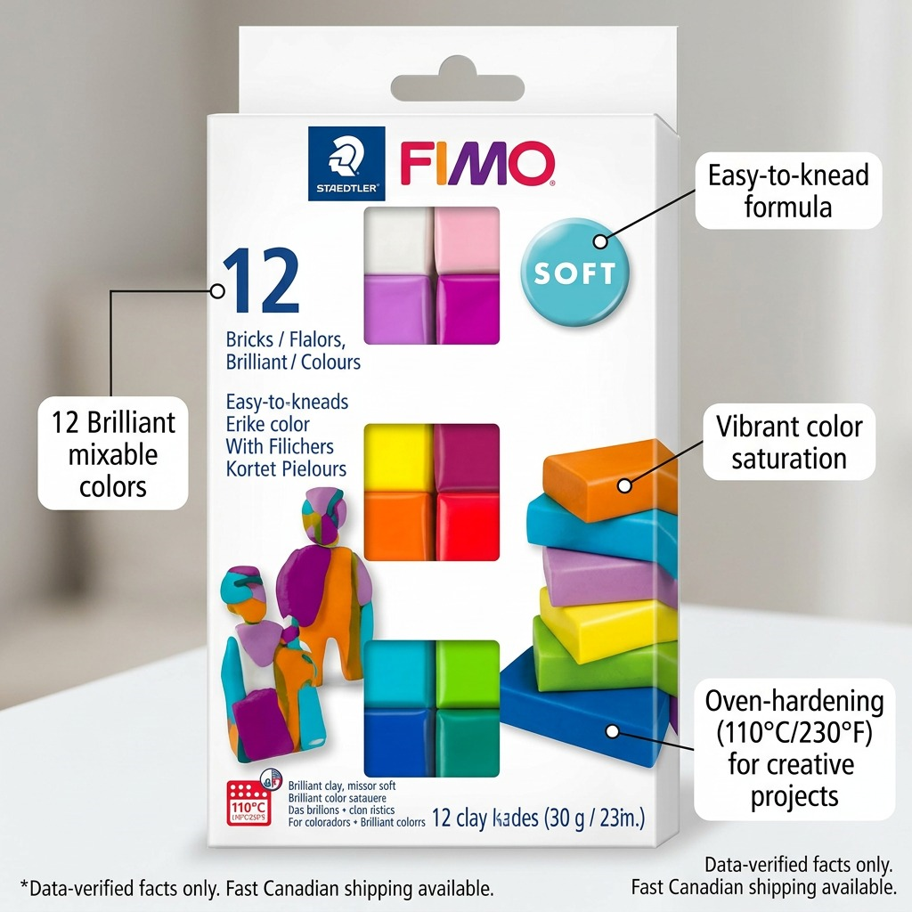 A polished feature graphic for Fimo Soft detailing key technical capabilities: mixable colors, soft formula, and durability.