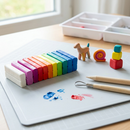 FIMO Soft Brilliant Colours set on a crafting mat with modeling tools and half-finished clay figures.