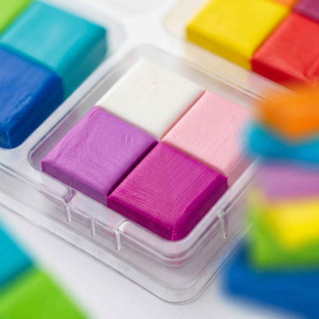 A detailed macro photograph showing the precise, smooth surface of four fused FIMO soft clay samples.