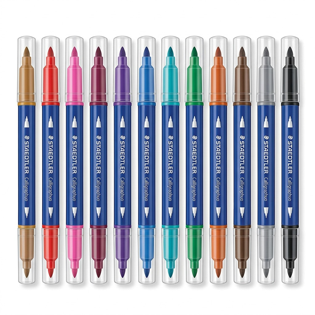 Pack of 12 multi-color STAEDTLER double-ended calligraphy markers.
