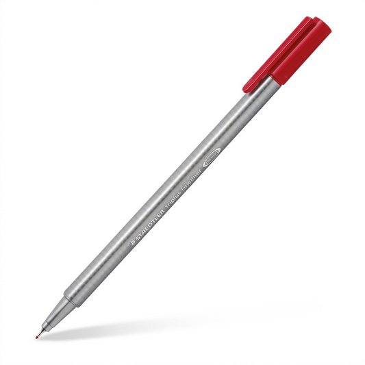 A high-resolution, centered view of a Staedtler Triplus red fineliner pen against a pure white background.