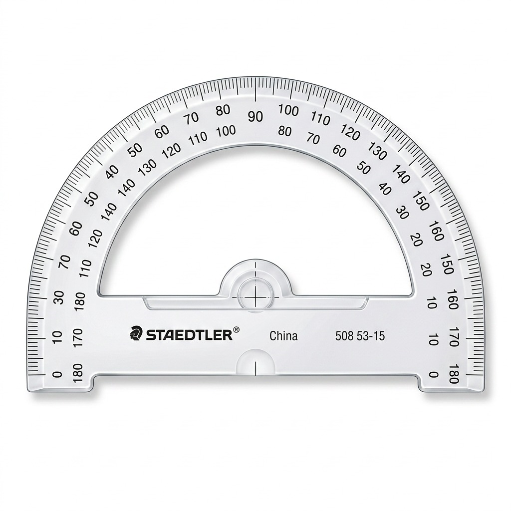 A high-resolution, centered view of the STAEDTLER Mars 6-inch 180-degree protractor, featuring precise markings and a clear finish, on a pure white background.