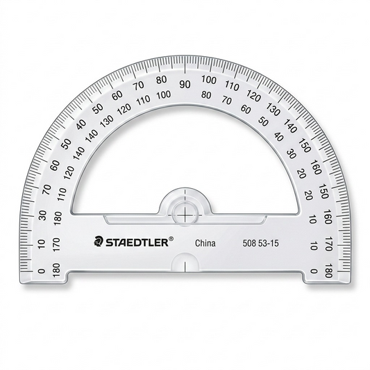 A high-resolution, centered view of the STAEDTLER Mars 6-inch 180-degree protractor, featuring precise markings and a clear finish, on a pure white background.