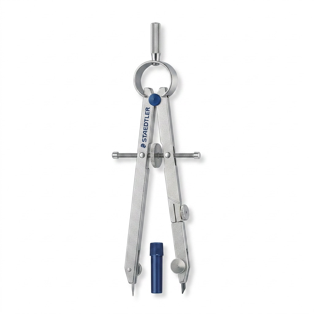 A high-resolution ecommerce hero shot of the STAEDTLER bow compass and lead tube against a pure white background.