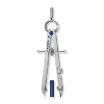 A high-resolution ecommerce hero shot of the STAEDTLER bow compass and lead tube against a pure white background.