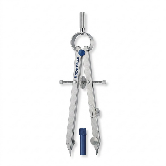 A high-resolution ecommerce hero shot of the STAEDTLER bow compass and lead tube against a pure white background.