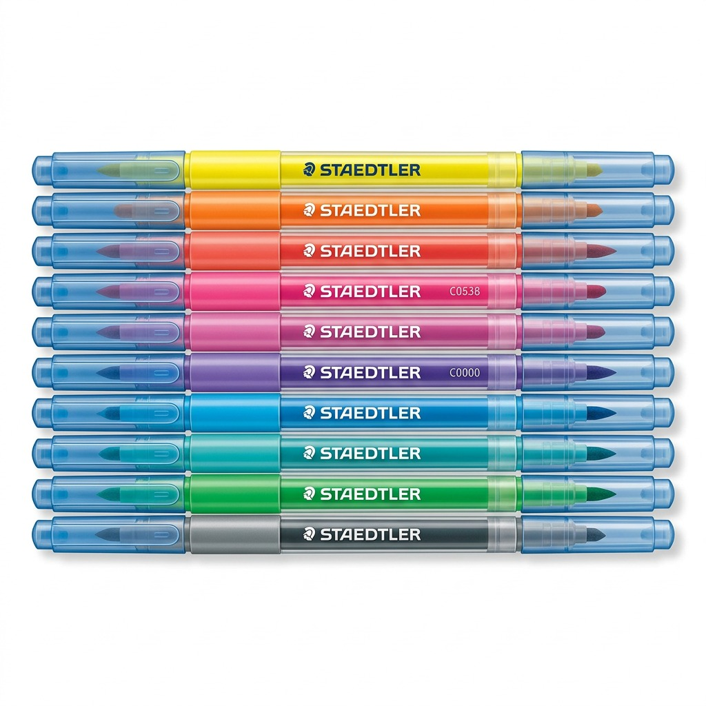 High-resolution hero shot of a 10-pack of STAEDTLER Double-ended highlight pens, as shown in the reference image, centered against a pure white background with realistic shadows. The pens display the original STAEDTLER logo.