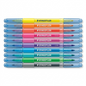 High-resolution hero shot of a 10-pack of STAEDTLER Double-ended highlight pens, as shown in the reference image, centered against a pure white background with realistic shadows. The pens display the original STAEDTLER logo.