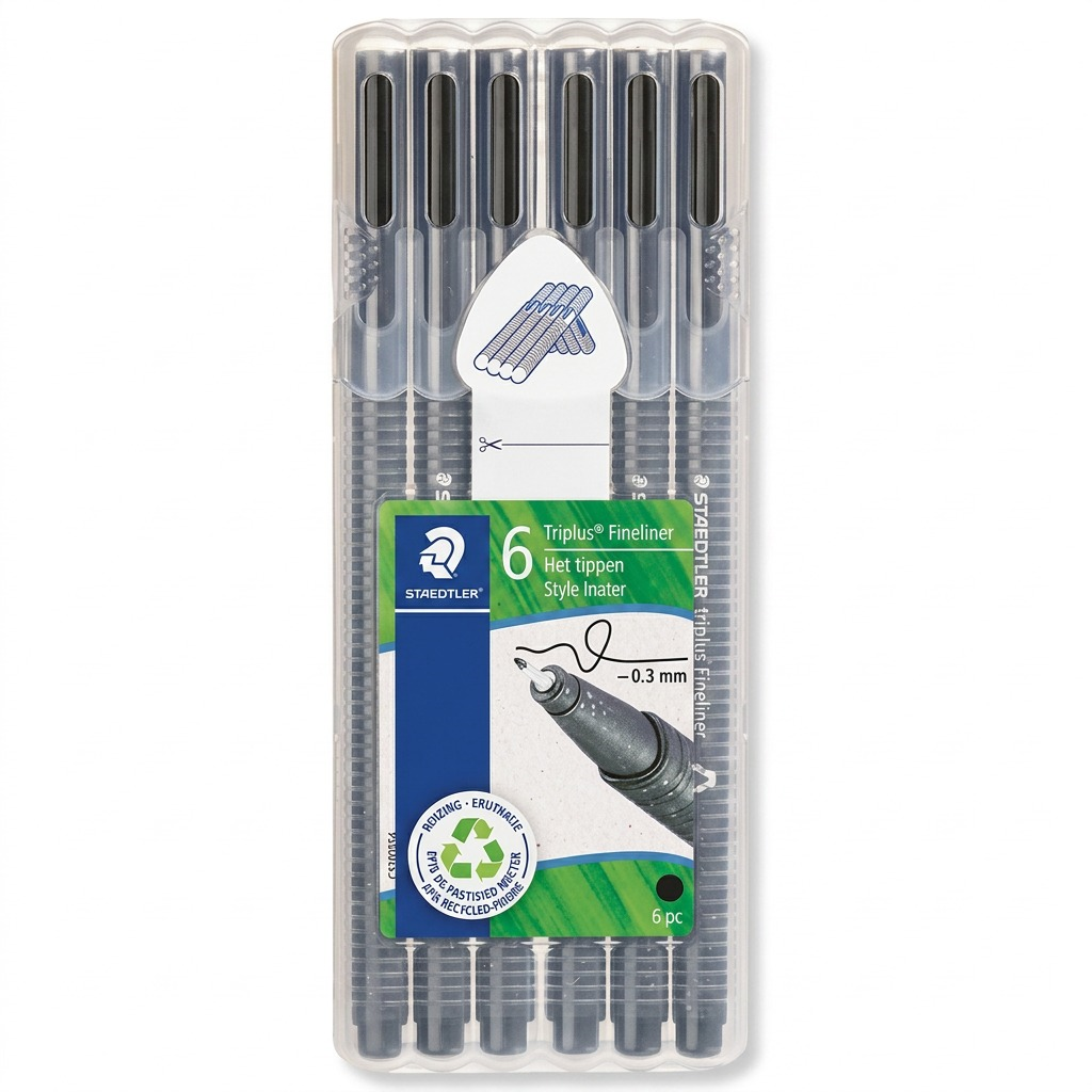 Pure high-resolution hero shot. Single pack of 6 black Staedtler Triplus fineliners in a stand-up clear plastic box, showing the black ink and 0.3mm tip size on the central paper insert. Set against a pure white background with a clean shadow.