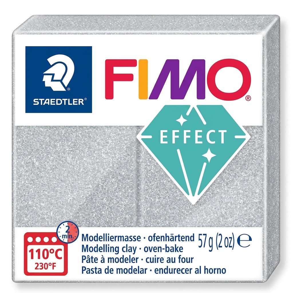 High-resolution hero shot of STAEDTLER Fimo Effect Silver Metallic modeling clay block (57g) on white background.