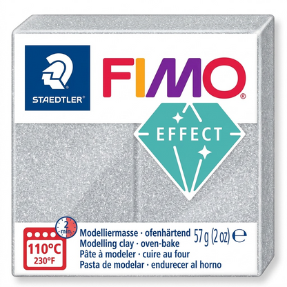 High-resolution hero shot of STAEDTLER Fimo Effect Silver Metallic modeling clay block (57g) on white background.