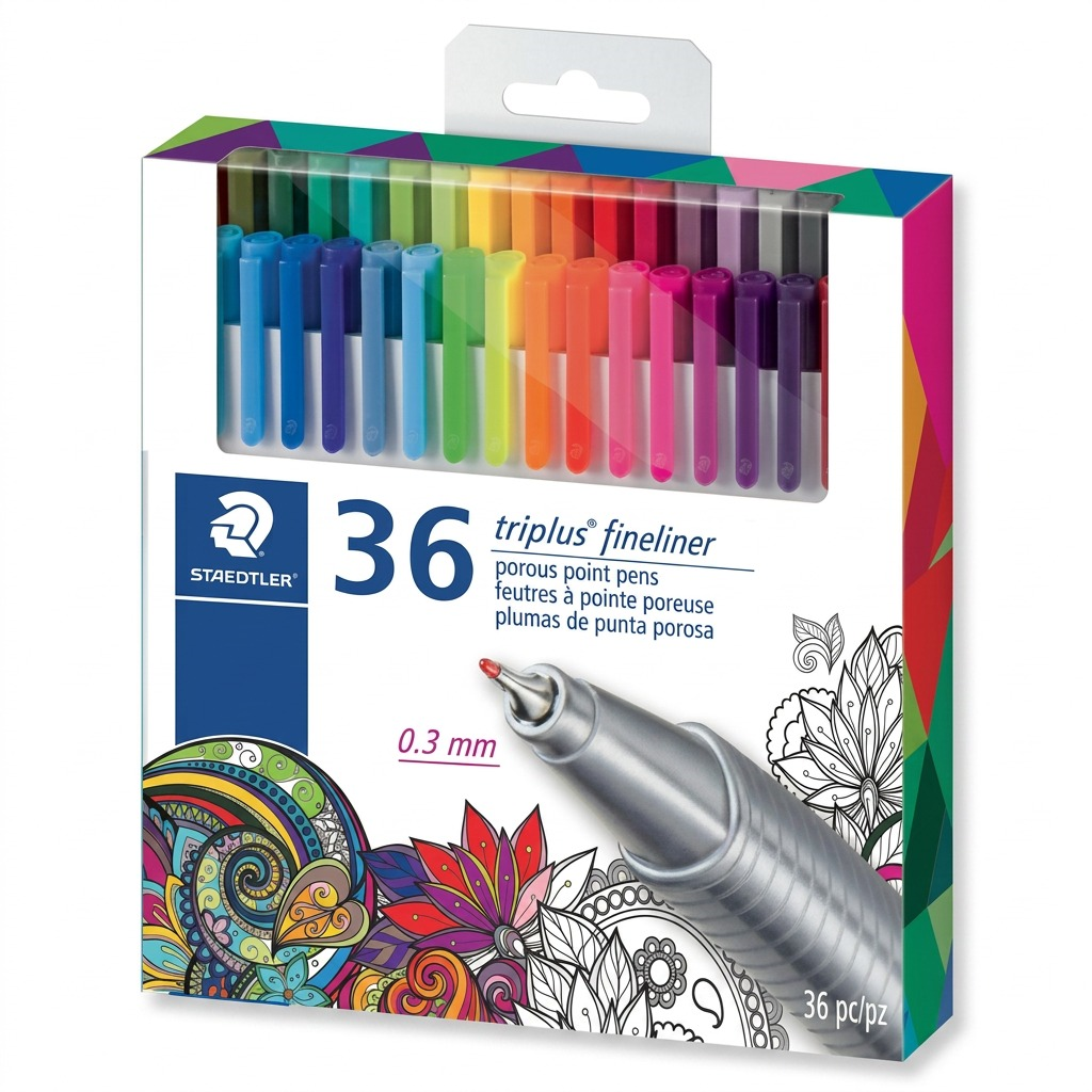 High-resolution pure white backdrop photo of the STAEDTLER Triplus Fineliner 36-piece set, displaying the full color spectrum of pens.