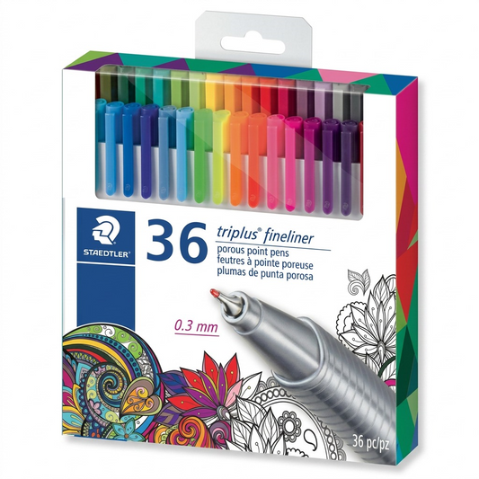 High-resolution pure white backdrop photo of the STAEDTLER Triplus Fineliner 36-piece set, displaying the full color spectrum of pens.